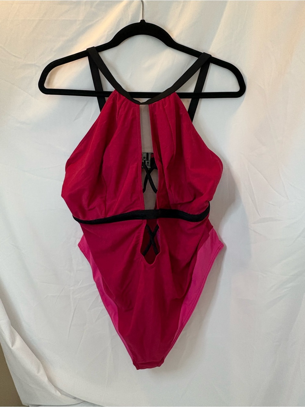 Hot Pink Strappy One-Piece Swimsuit with Black Trim